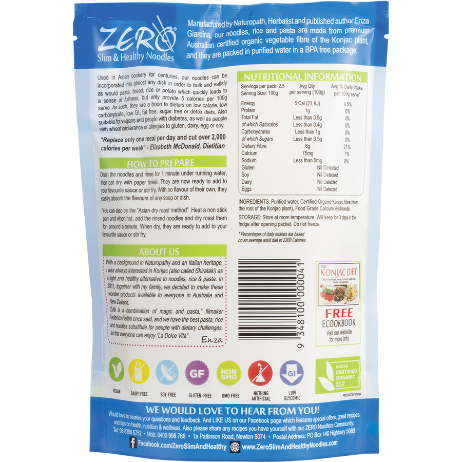 Certified organic Konjac Lasagna noodles in a package