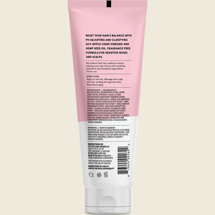 Acure Buildup Balancing Hemp & ACV Shampoo 236ml, back label with ingredients and directions