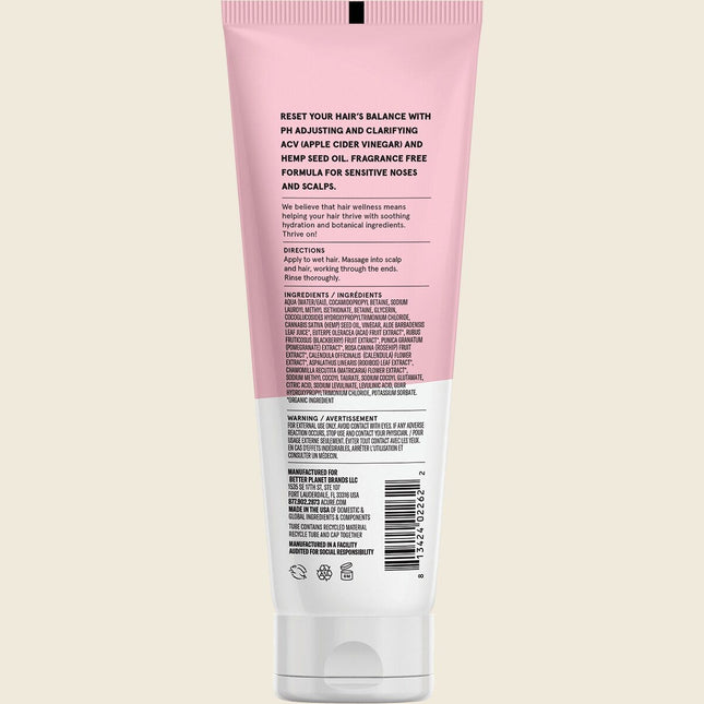 Acure Buildup Balancing Hemp & ACV Shampoo 236ml, back label with ingredients and directions
