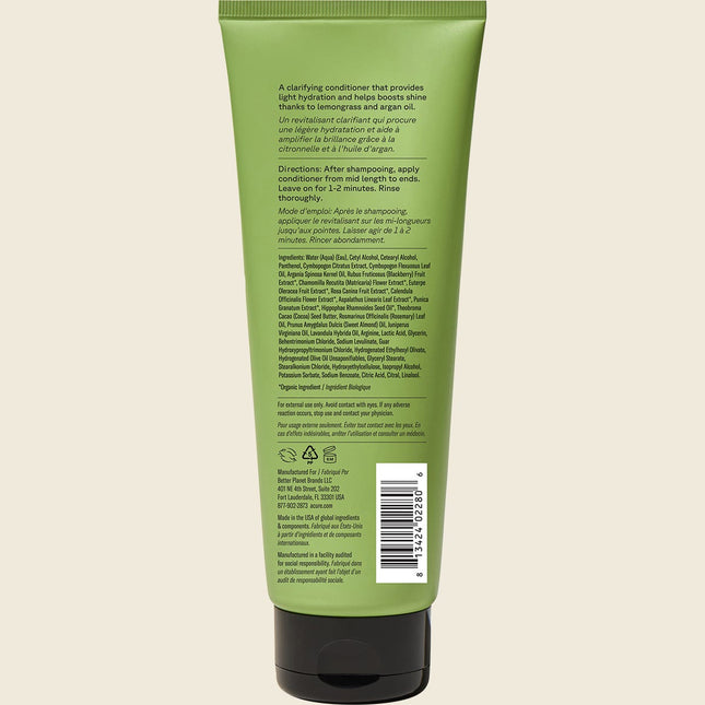 Acure Curiously Clarifying Conditioner Lemongrass 236ml, back label with ingredients and directions