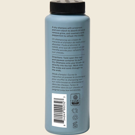 Acure Dry Shampoo All Hair Types 48g, back label with ingredients and directions