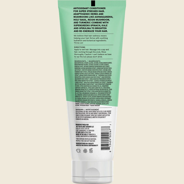 Acure Juice Cleanse Supergreens & Adaptogens Conditioner 236ml, back label with ingredients and directions