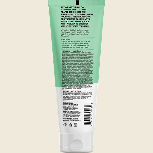 Acure Juice Cleanse Supergreens & Adaptogens Shampoo 236ml, back label with ingredients and directions