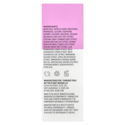 Acure Radically Rejuvenating Dual Phase Bakuchiol Serum 20ml, box back with ingredients