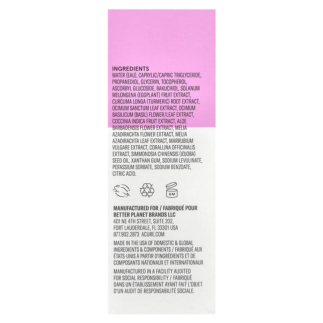 Acure Radically Rejuvenating Dual Phase Bakuchiol Serum 20ml, box back with ingredients