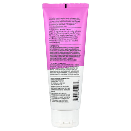 Acure Radically Rejuvenating Facial Scrub 118ml, back label with ingredients and directions