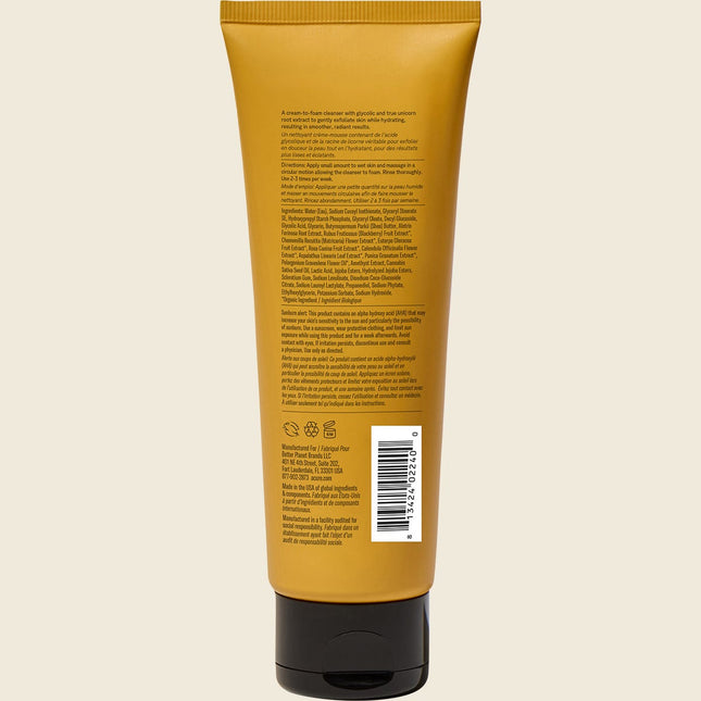 Acure Resurfacing 1% Glycolic Acid & Unicorn Root Cleanser 118ml, back label with ingredients and directions