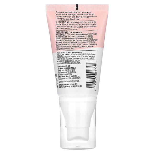 Acure Seriously Soothing Rose Water & Watermelon Superfine Mist 59ml, back label with ingredients and directions