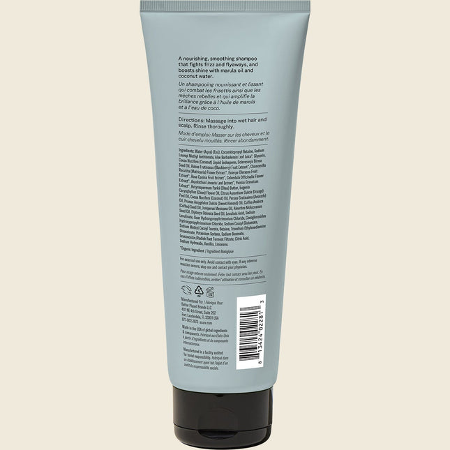 Acure Simply Smoothing Shampoo Coconut 236ml, back label with ingredients and directions