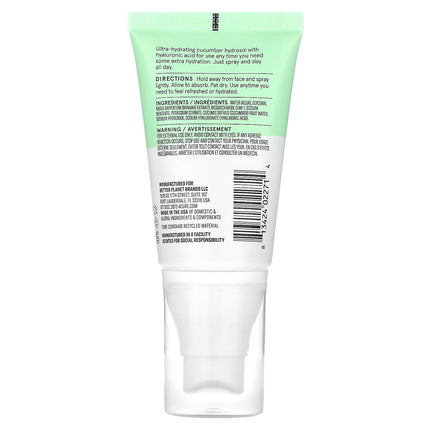 Acure Ultra Hydrating Cucumber & Hyaluronic Cooling Mist 59ml, back label with ingredients and directions