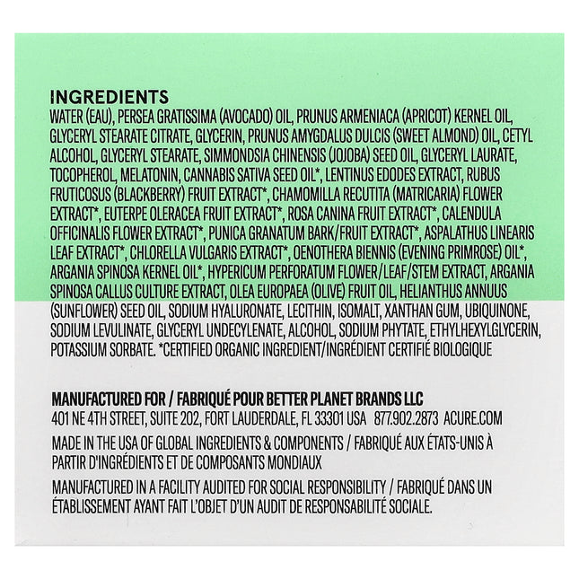 Acure Ultra Hydrating Overnight Dream Cream 50ml, jar back label with ingredients
