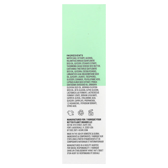 Acure Ultra Hydrating Plant Ceramide Daily Facial Lotion 50ml, box back with ingredients