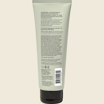 Acure Vivacious Volume Shampoo Mint 236ml, back label with ingredients and directions