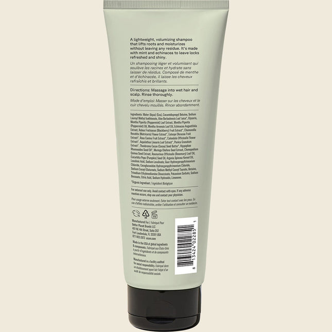 Acure Vivacious Volume Shampoo Mint 236ml, back label with ingredients and directions