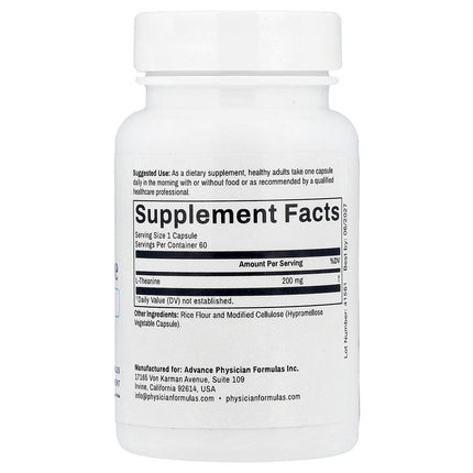 Advance Physician Formulas L-Theanine, 200 mg, 60 Vegetable Capsules - supplement facts and ingredients label
