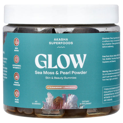 Akasha Superfoods Glow Sea Moss & Pearl Powder Strawberry Lemonade 60 gummies jar, front of pack