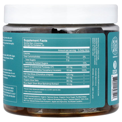 Akasha Superfoods Glow Sea Moss & Pearl Powder 60 gummies back label with supplement facts and ingredients