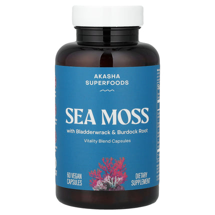 Akasha Superfoods Sea Moss 60 vegan capsules bottle, front of pack