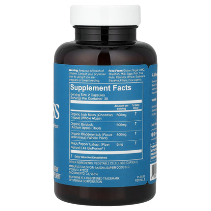 Akasha Superfoods Sea Moss 60 vegan capsules back label with supplement facts and ingredients