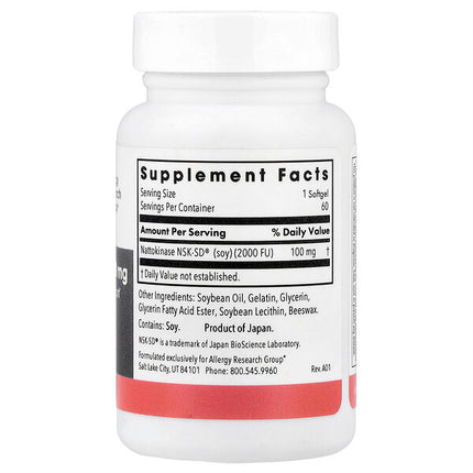 Allergy Research Group Nattokinase 100mg 60 Softgels supplement facts back label