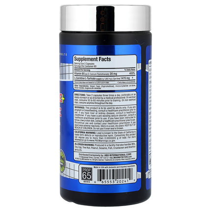 ALLMAX Essentials L-Carnitine + Tartrate 120 Capsules - back label with supplement facts and ingredients