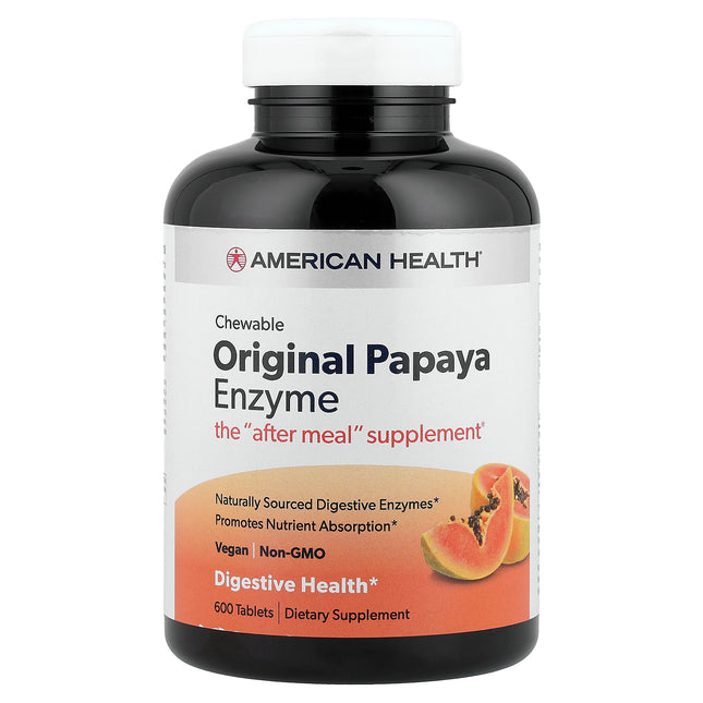 American Health Original Chewable Papaya Enzyme 600 tablets bottle, front of pack