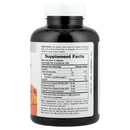 American Health Original Chewable Papaya Enzyme bottle back label with supplement facts and directions