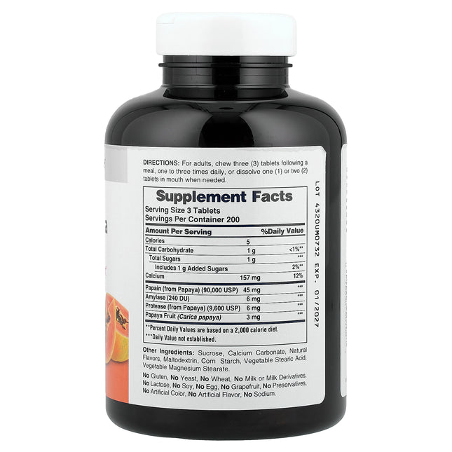 American Health Original Chewable Papaya Enzyme bottle back label with supplement facts and directions