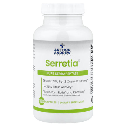 Arthur Andrew Medical Serretia Pure Serrapeptase 180 Capsules bottle, front view