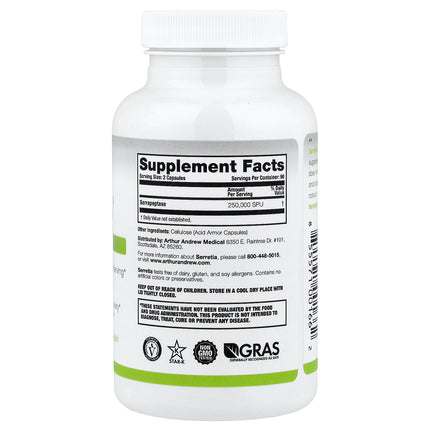 Arthur Andrew Medical Serretia Pure Serrapeptase 180 Capsules bottle, back label with supplement facts