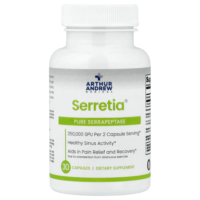 Arthur Andrew Medical Serretia Pure Serrapeptase 30 Capsules bottle, front view
