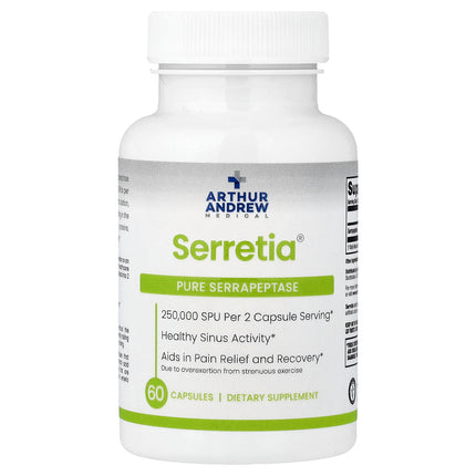 Arthur Andrew Medical Serretia Pure Serrapeptase 60 Capsules bottle, front view