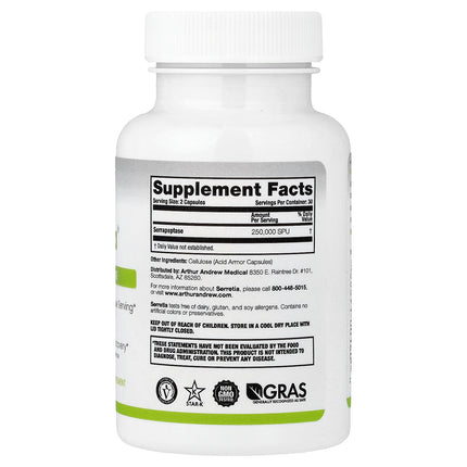 Arthur Andrew Medical Serretia Pure Serrapeptase 60 Capsules bottle, back label with supplement facts