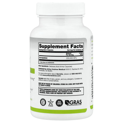 Arthur Andrew Medical Serretia Pure Serrapeptase 90 Capsules bottle, back label with supplement facts