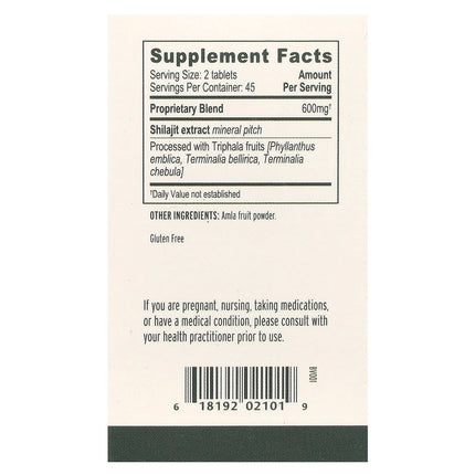 Banyan Botanicals Shilajit 90 Tablets 300 mg - back of bottle with supplement facts