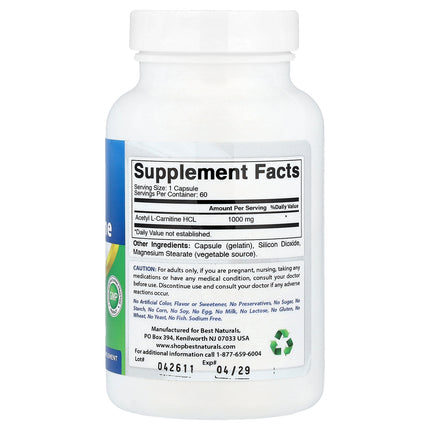 Best Naturals Acetyl L-Carnitine, 1,000 mg 60 Capsules - back label with supplement facts and ingredients