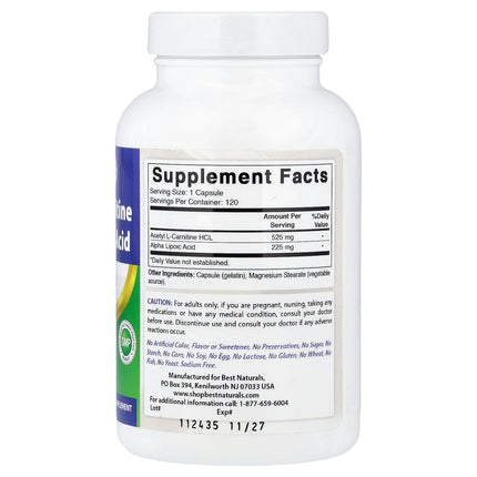 Best Naturals Acetyl L-Carnitine Alpha Lipoic Acid 120 Capsules - back label with supplement facts and ingredients