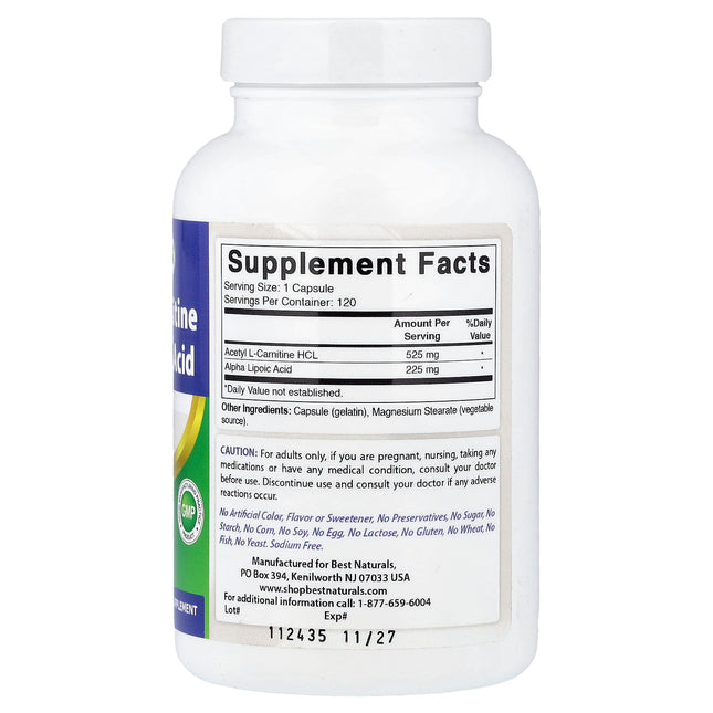 Best Naturals Acetyl L-Carnitine Alpha Lipoic Acid 120 Capsules - back label with supplement facts and ingredients