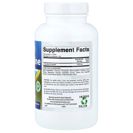 Best Naturals L-Carnitine, 1,000 mg 120 Tablets - back label with supplement facts and ingredients