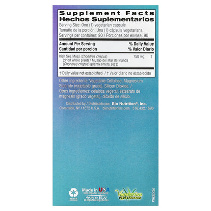 Bio Nutrition Irish Sea Moss 750 mg 90 vegetarian capsules carton back with supplement facts and ingredients