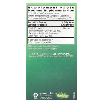 Bio Nutrition Shilajit Asphaltum 60 Vegetarian Capsules 500 mg - supplement facts label