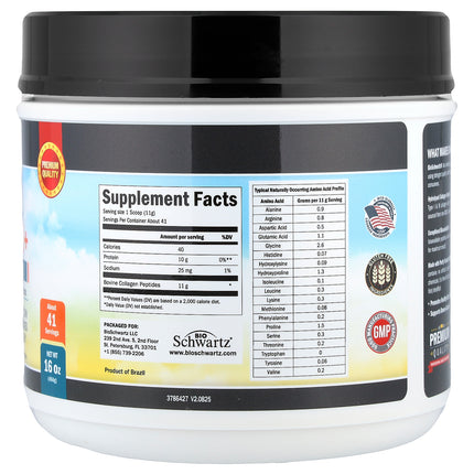 BioSchwartz Collagen Peptides Bio+, Unflavoured - Back label with supplement facts and ingredients