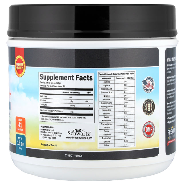 BioSchwartz Collagen Peptides Bio+, Unflavoured - Back label with supplement facts and ingredients