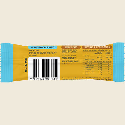 Blue Dinosaur Banana Bread Snack Bar 45g, back label with ingredients and nutrition information