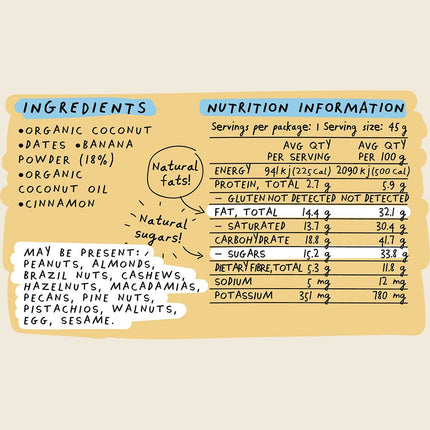 Blue Dinosaur Banana Bread Snack Bar 45g, ingredients and nutrition information panel