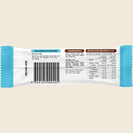 Blue Dinosaur Chocolate Protein Bar 60g back label with ingredients and nutrition information