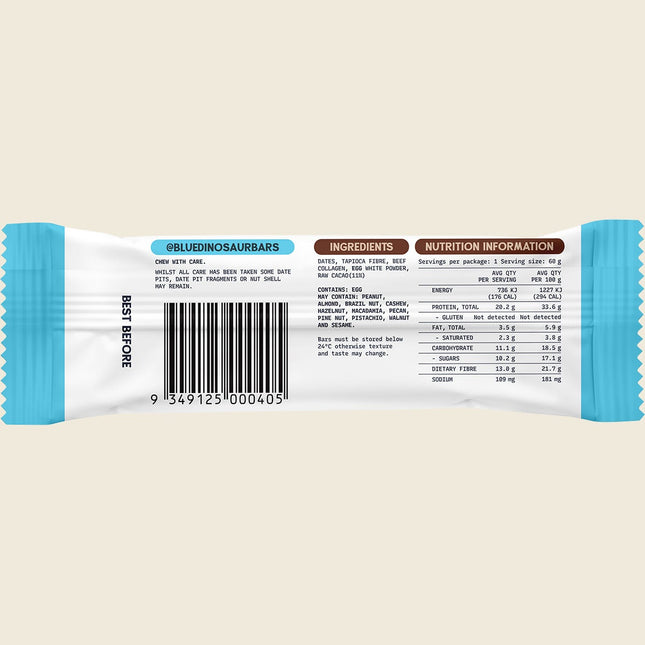Blue Dinosaur Chocolate Protein Bar 60g back label with ingredients and nutrition information