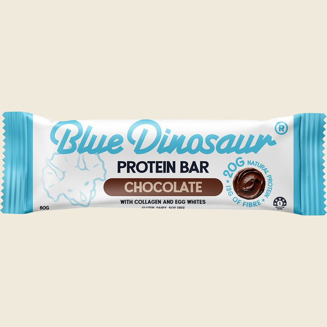 Blue Dinosaur Chocolate Protein Bar 60g single bar, front of pack