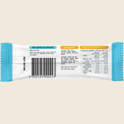 Blue Dinosaur Peanut Butter Protein Bar 60g back label with ingredients and nutrition information