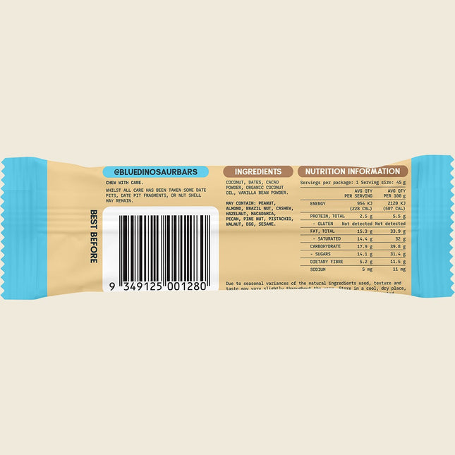 Blue Dinosaur The Clean Bar Lamington 45g, back label with ingredients and nutrition information